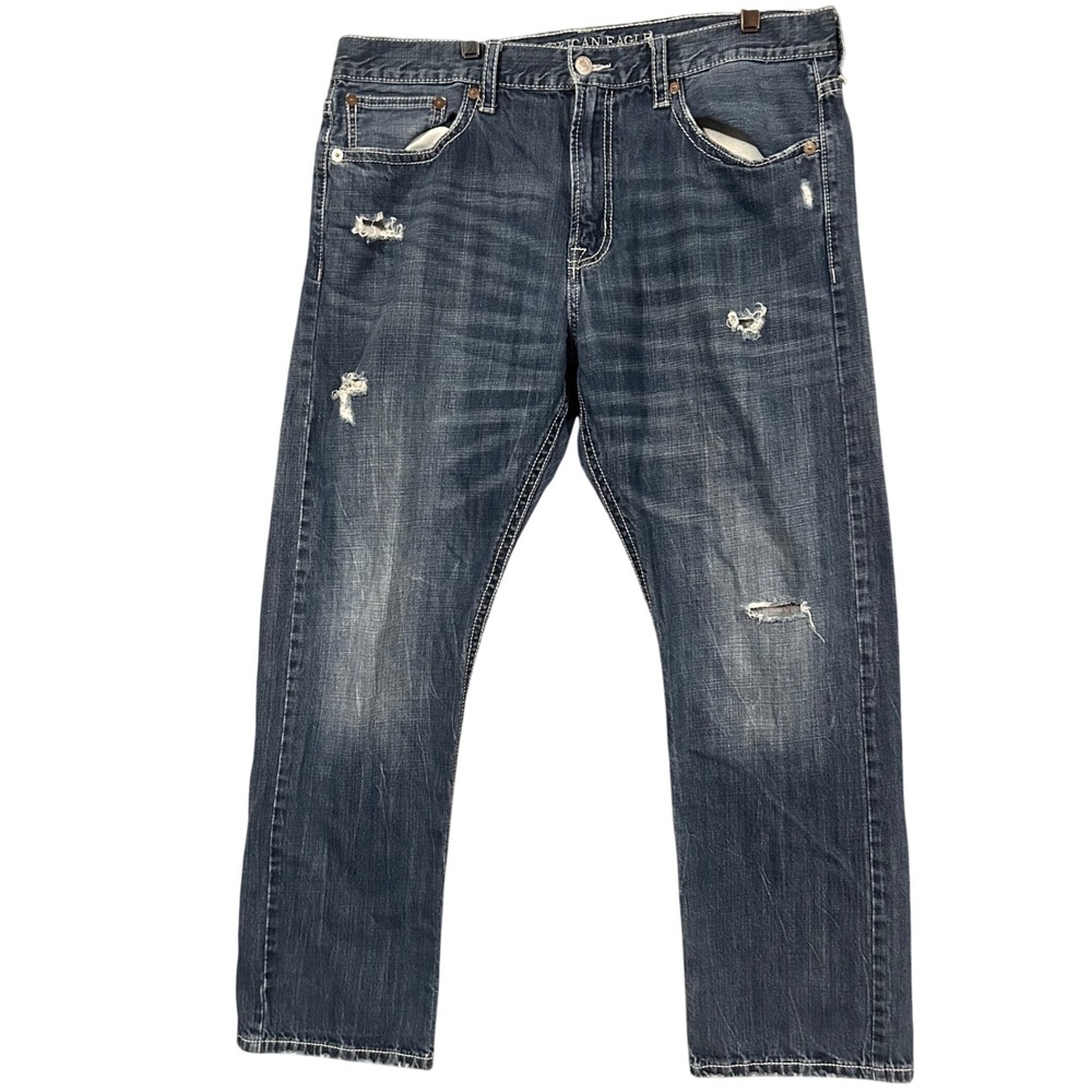 American Eagle Relaxed Straight Distressed Blue Jeans Mens 38x32 (Fits 37x29)